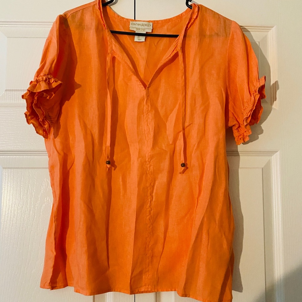Cynthia Rowley 100% linen orange blouse size large